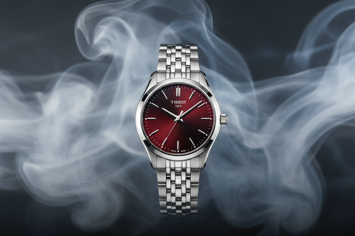 tissot red dail with sliver chain strap smokey air background